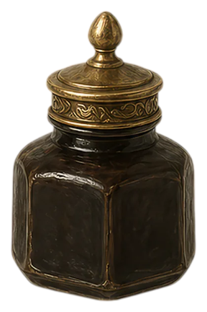 A brass-lidded glass inkwell, drawn into a cat with a few blue ink lines